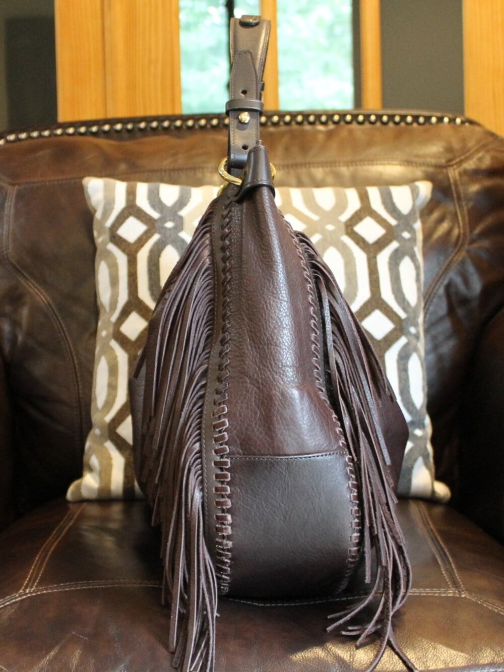 Ralph Lauren leather fringe & whipstitch hobo shoulder bag with stirrup charm - Picture 5 of 15